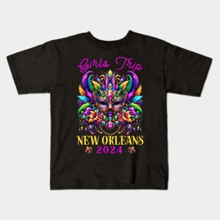 Girls Trip New Orleans 2024 Girl Mardi Gras Mask Beads Kids T-Shirt